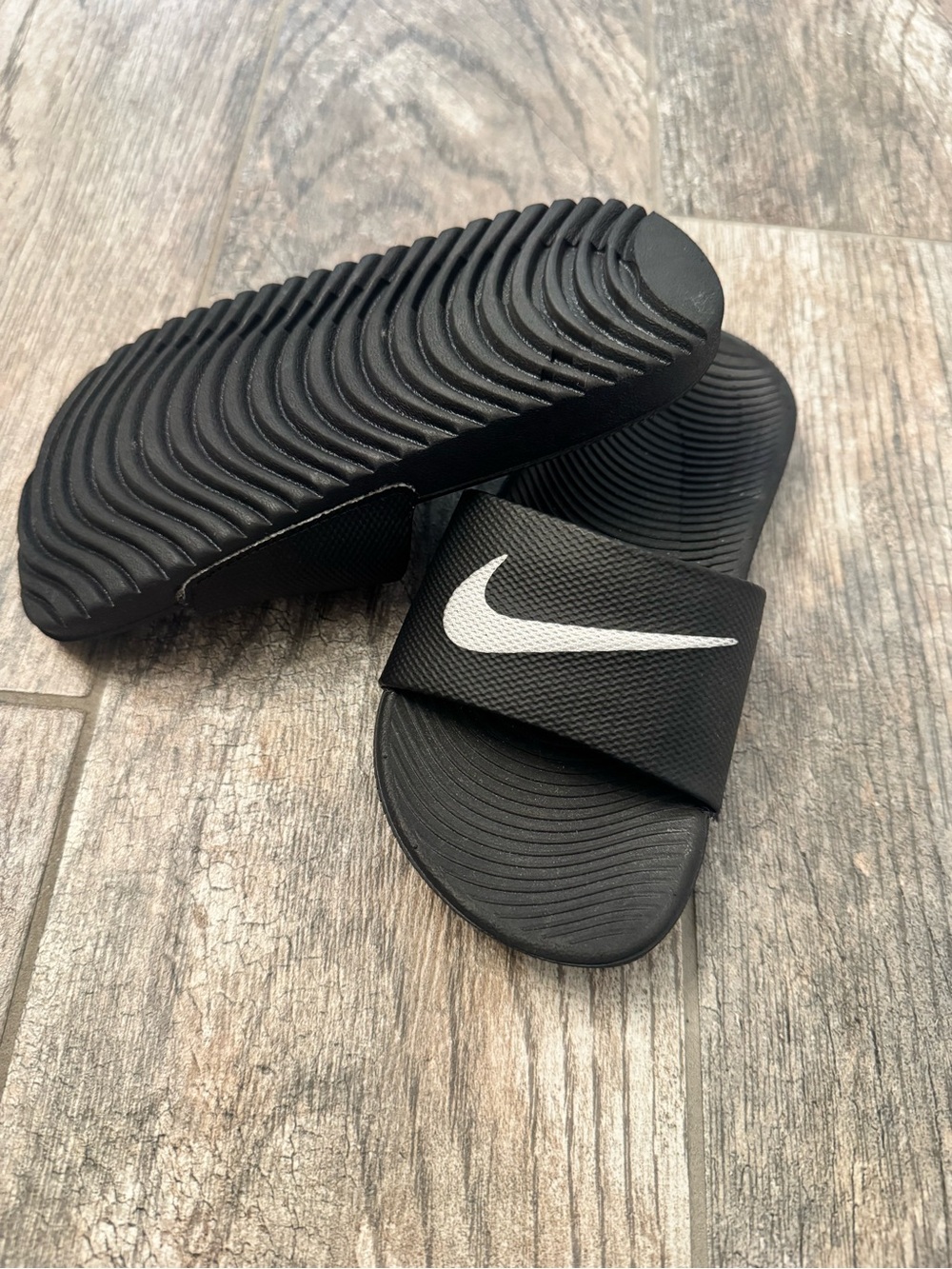 Nike Boy's Black Slide Sandals with White Swoosh